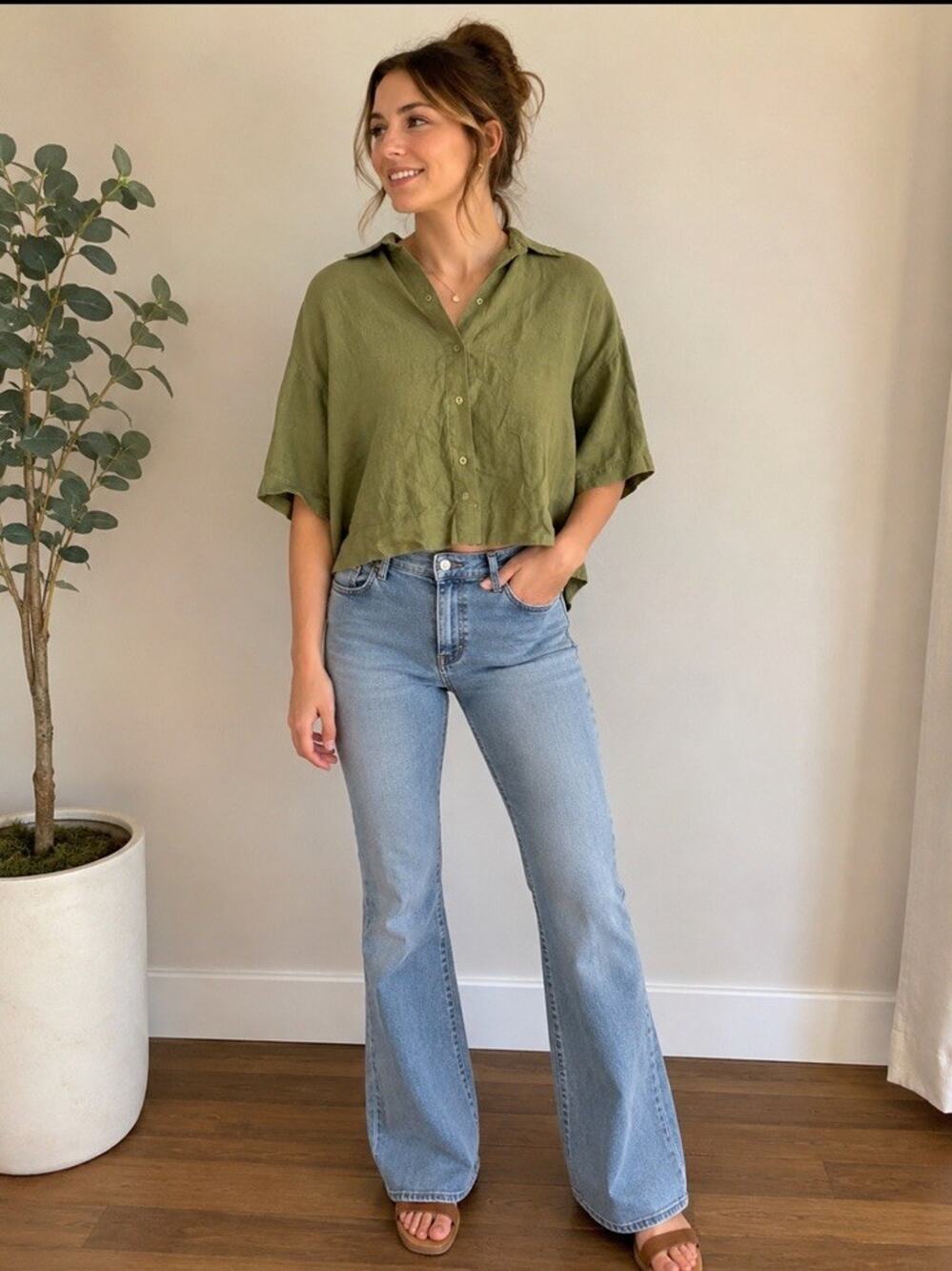 A. Ren Anthropologie 100% Linen Cropped Button Top Size M Olive Green Lagenlook